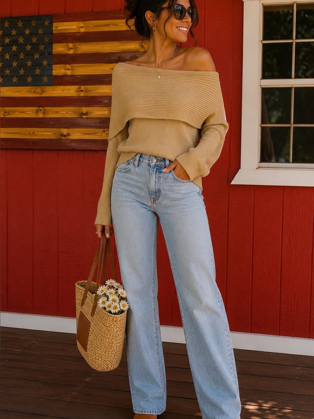 Elegant Tan Off-Shoulder Sweater